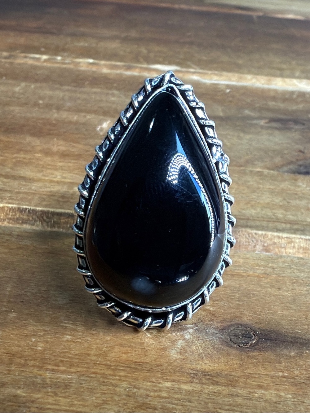 Southwestern Black Agate Ring Size 8 Silver 925 Vintage Bohemian Boho Plated